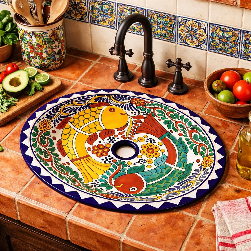 Talavera fish motif bathroom sink installed as a decorative prep sink in a kitchen with artisan finishes
