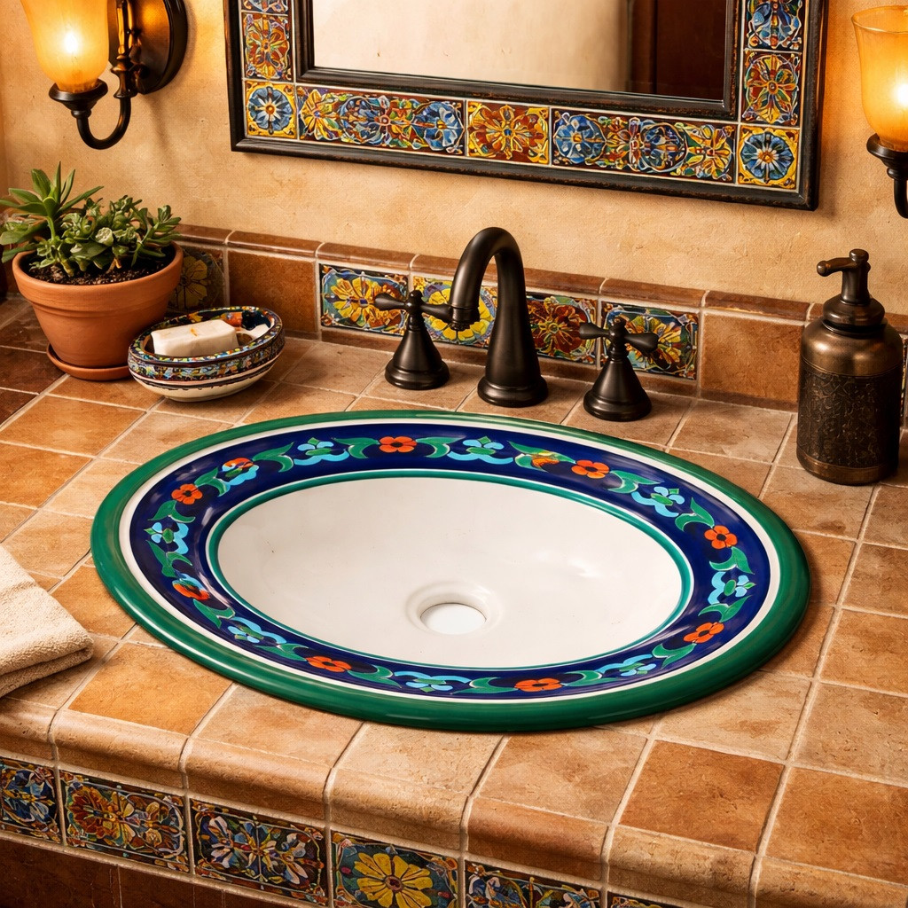 Talavera cobalt green bathroom sink displayed in a Spanish Revival bathroom with warm plaster walls