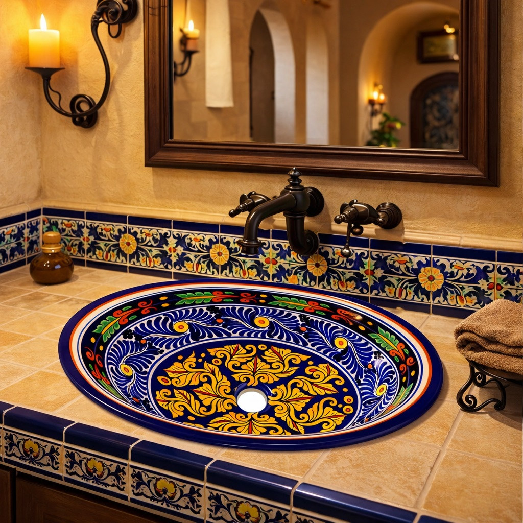 Talavera leaf scroll bathroom sink styled in a Spanish Revival bathroom with plaster walls and tile accents