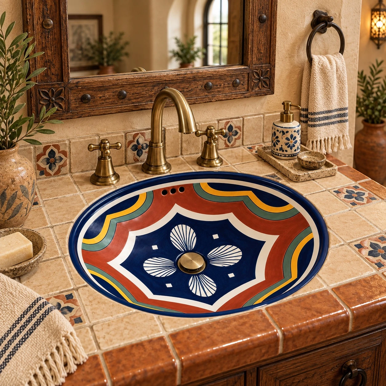 Talavera bathroom sink geometric design in a rustic hacienda vanity with warm tile accents