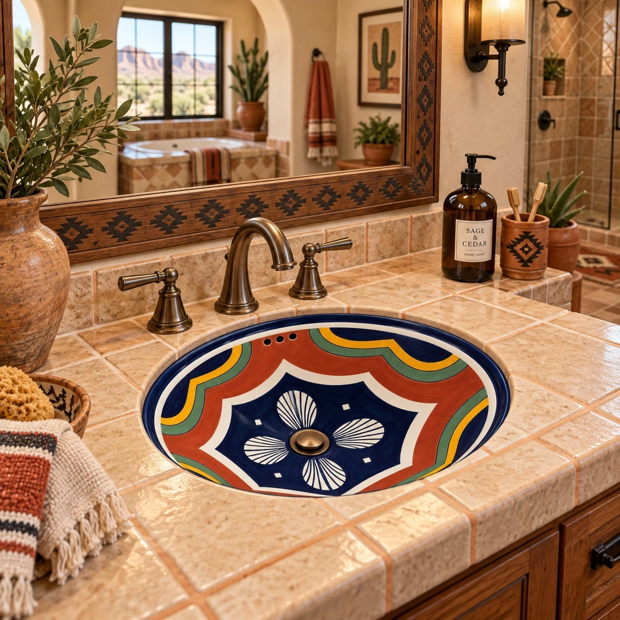 Talavera bathroom sink geometric design in a Southwestern tile vanity with rustic details