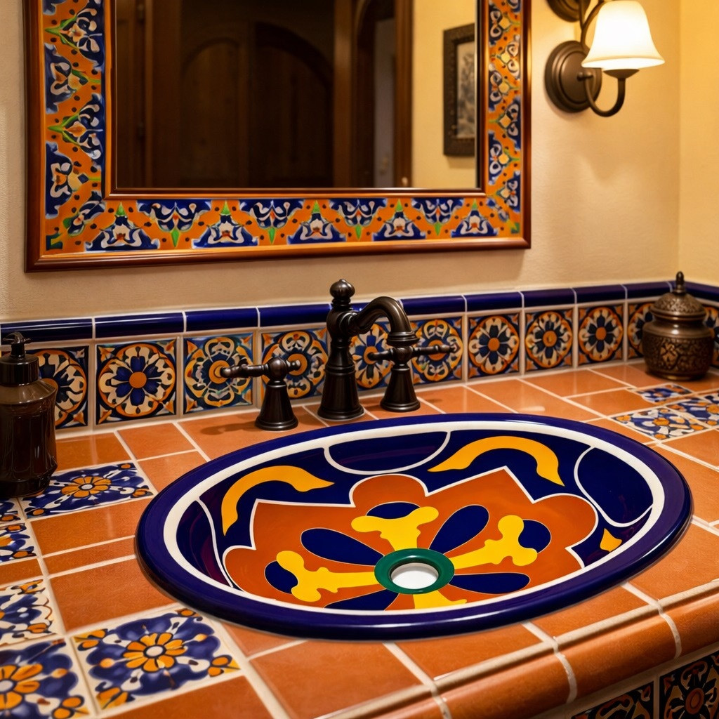 Talavera geometric cross bathroom sink shown in a Spanish Revival bathroom with bold tile accents