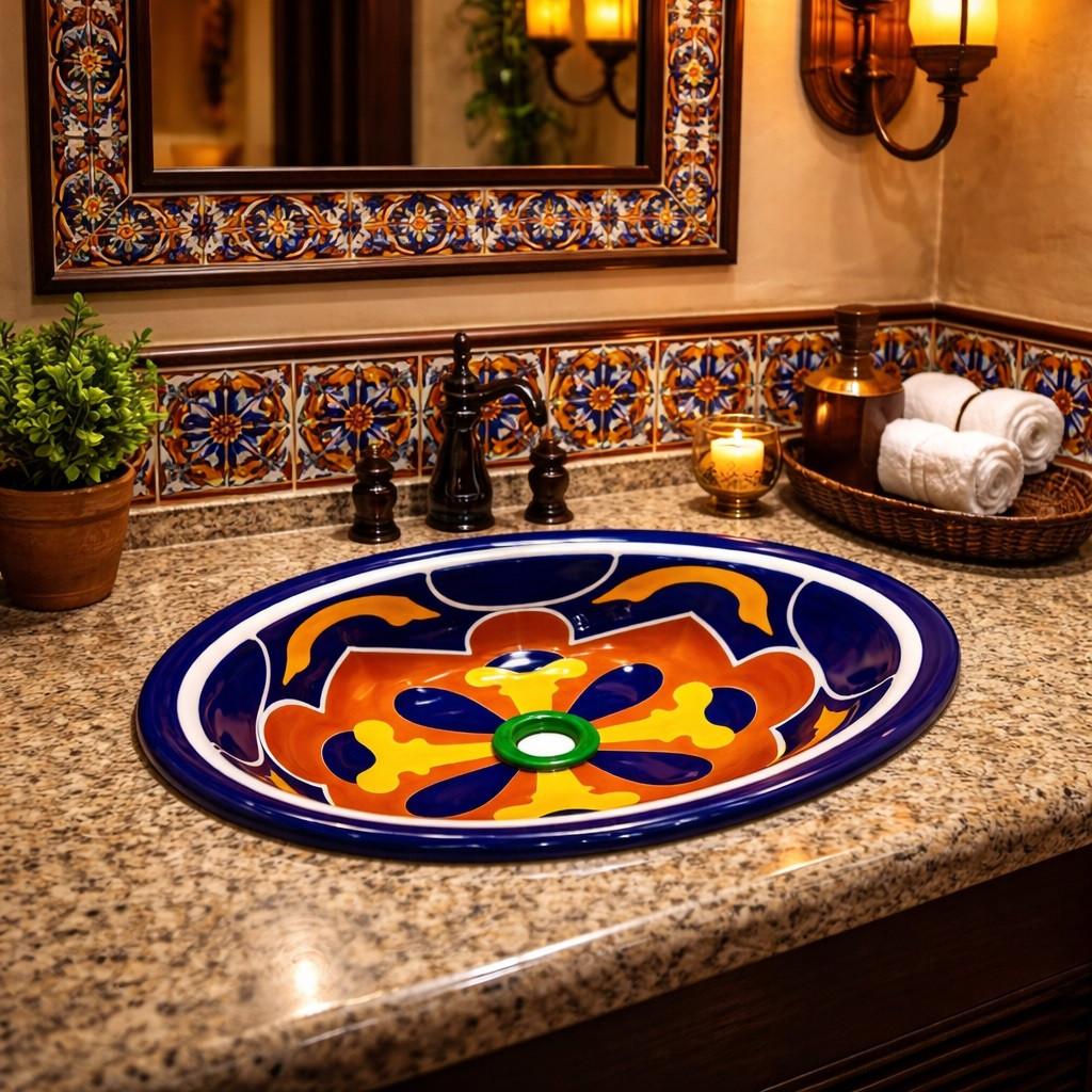 Talavera geometric cross bathroom sink displayed in a restaurant restroom with handcrafted ceramic details