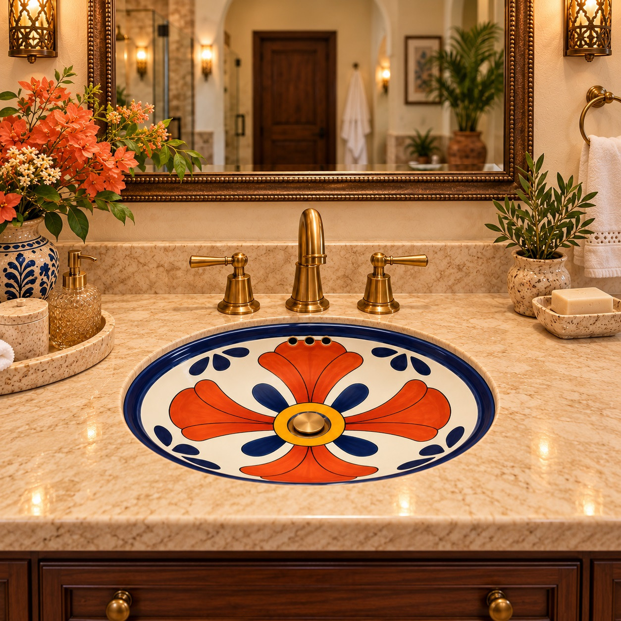 Talavera bathroom sink terracotta blue in a boutique hotel bath with elegant artisan decor
