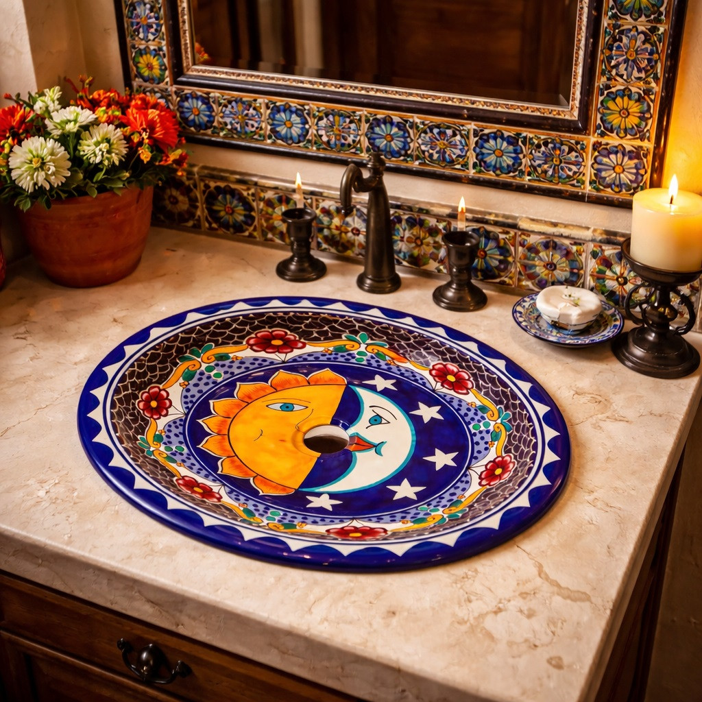 Talavera solar lunar bathroom sink featured in a house bathroom as a dramatic handcrafted focal piece