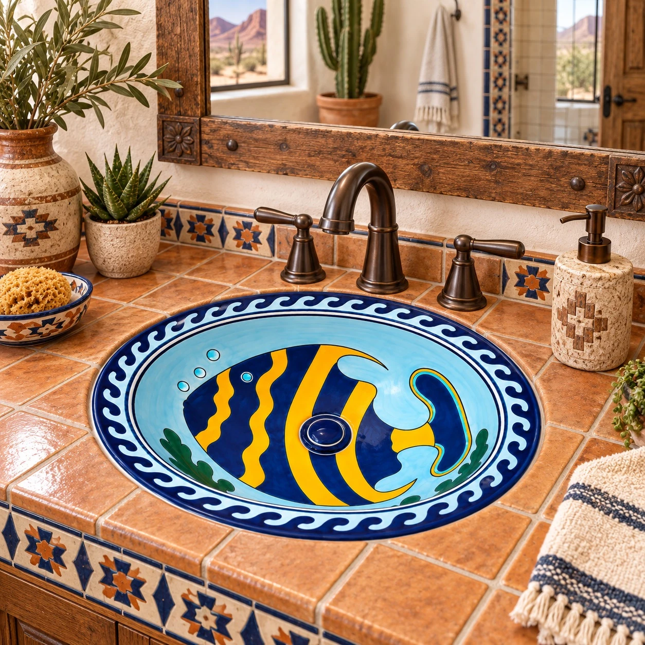 Talavera bathroom sink tropical fish in a Southwestern tile vanity with warm earth tones and brass