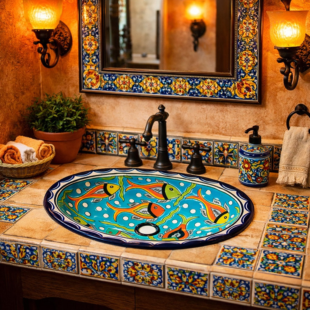 Talavera turquoise fish bathroom sink featured in a restaurant restroom with handcrafted Mexican accents