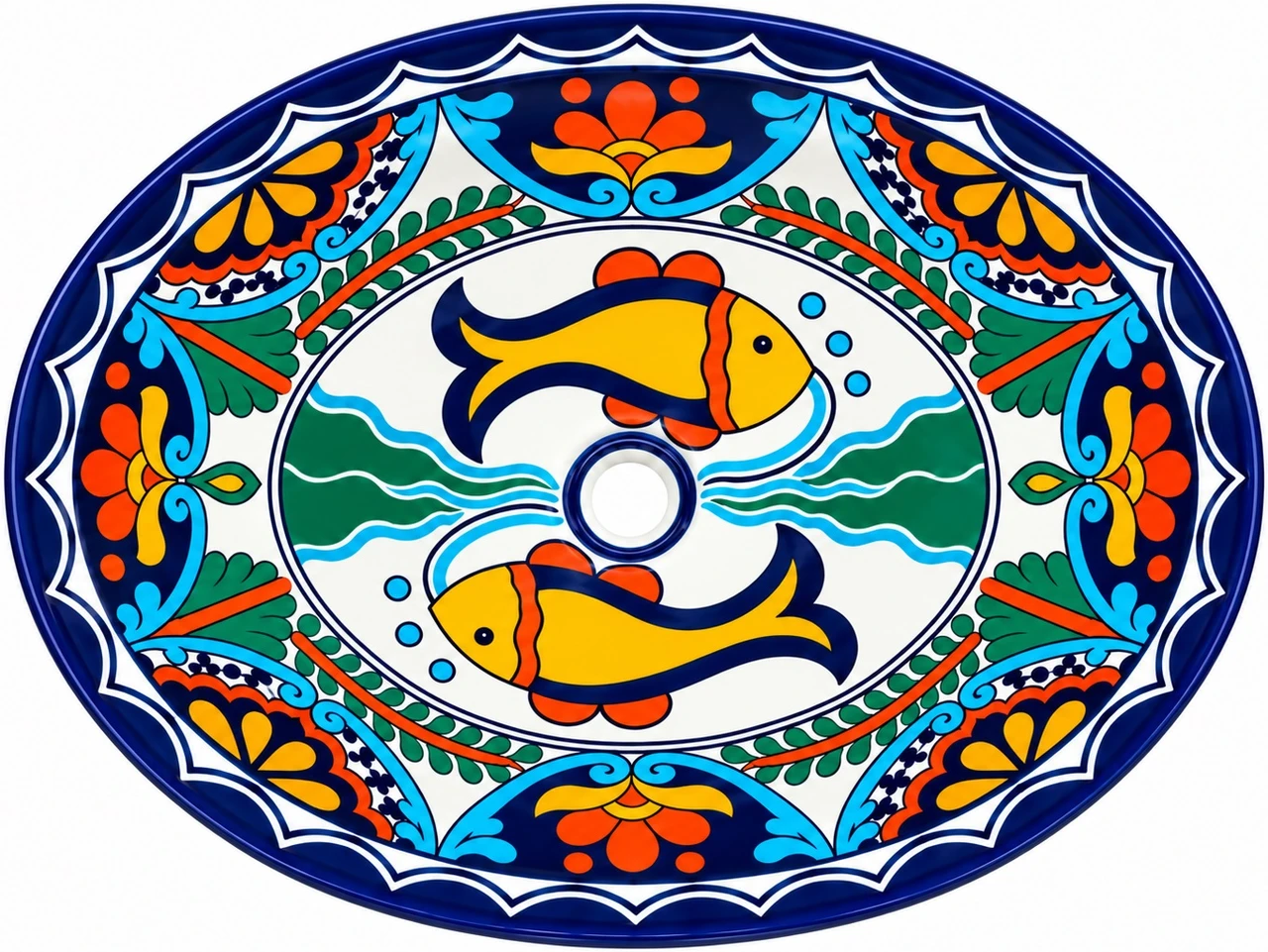 Oval talavera bathroom sink orange fish floral border