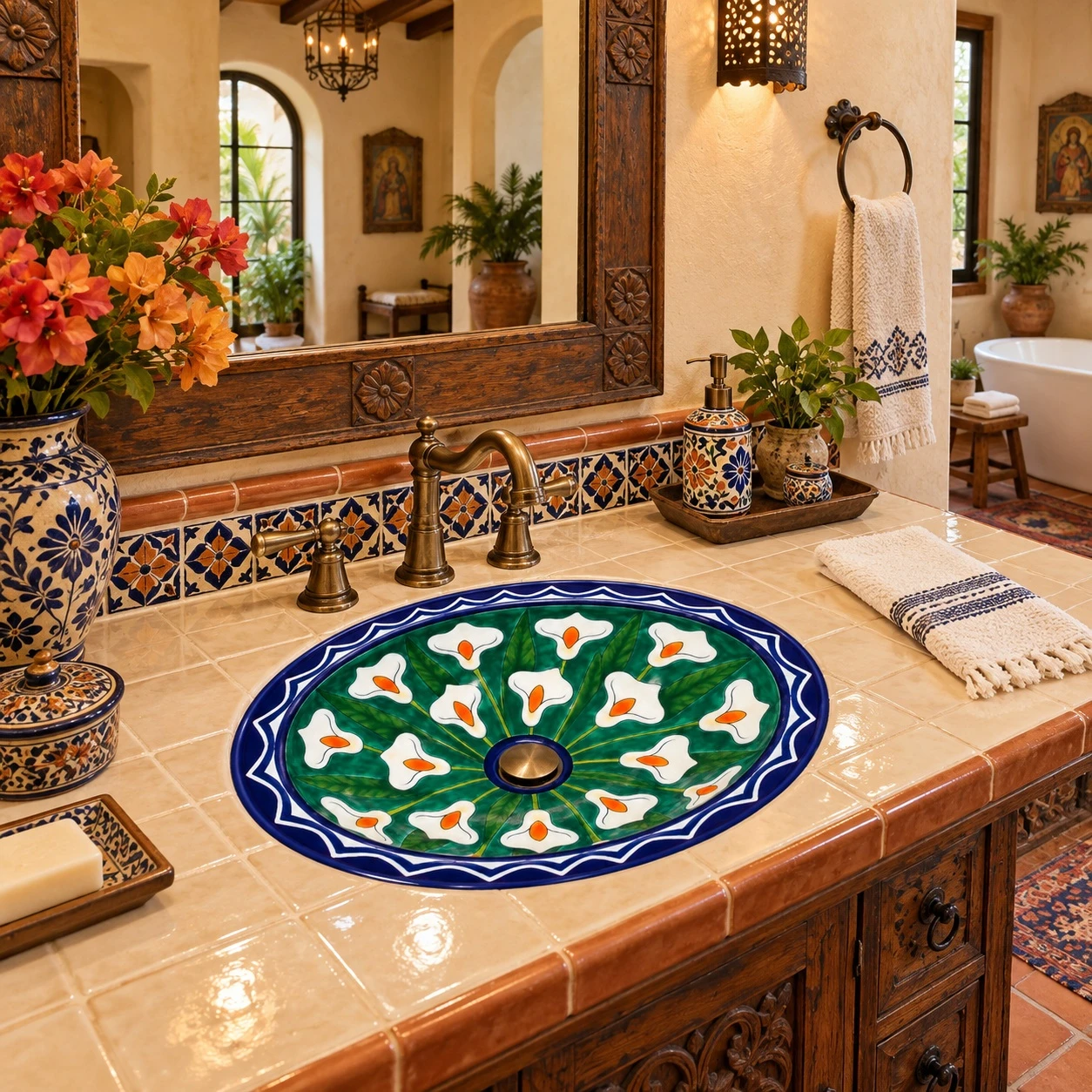 Oval talavera bathroom sink calla lily floral design in a Mexican colonial bath with rustic tile.