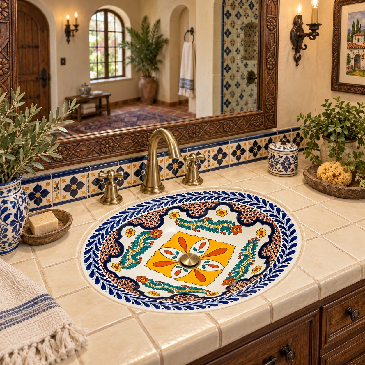 Oval talavera bathroom sink floral medallion Mexican design in Spanish Revival bath.