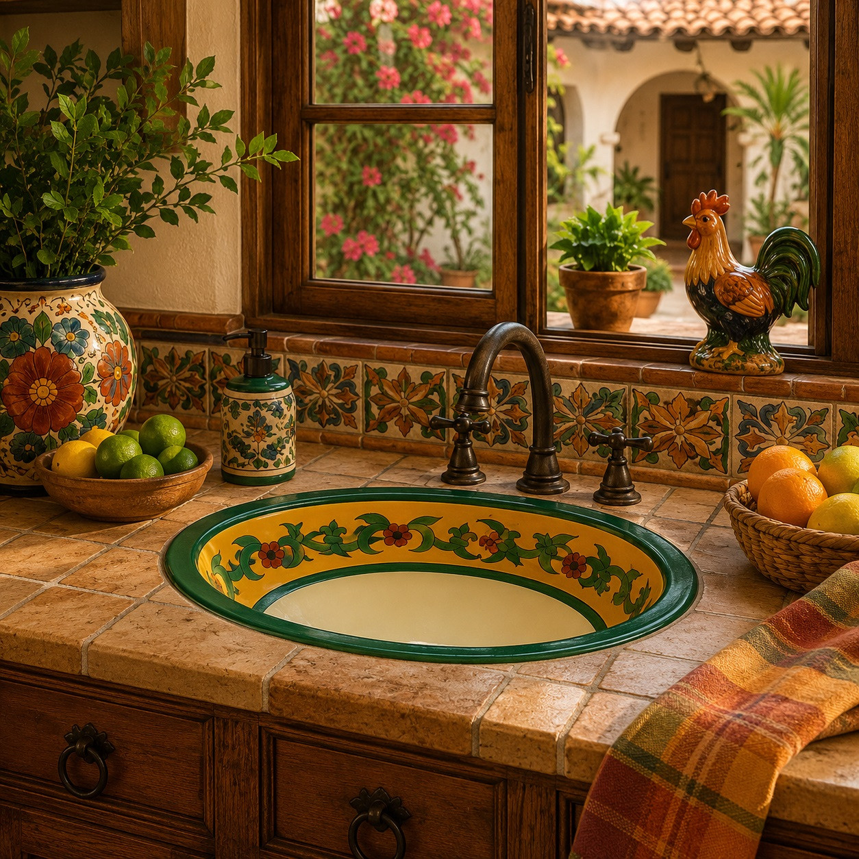 Mexican bathroom sink green vine featured in a hacienda kitchen space with classic Mexican design and artisanal decorative details