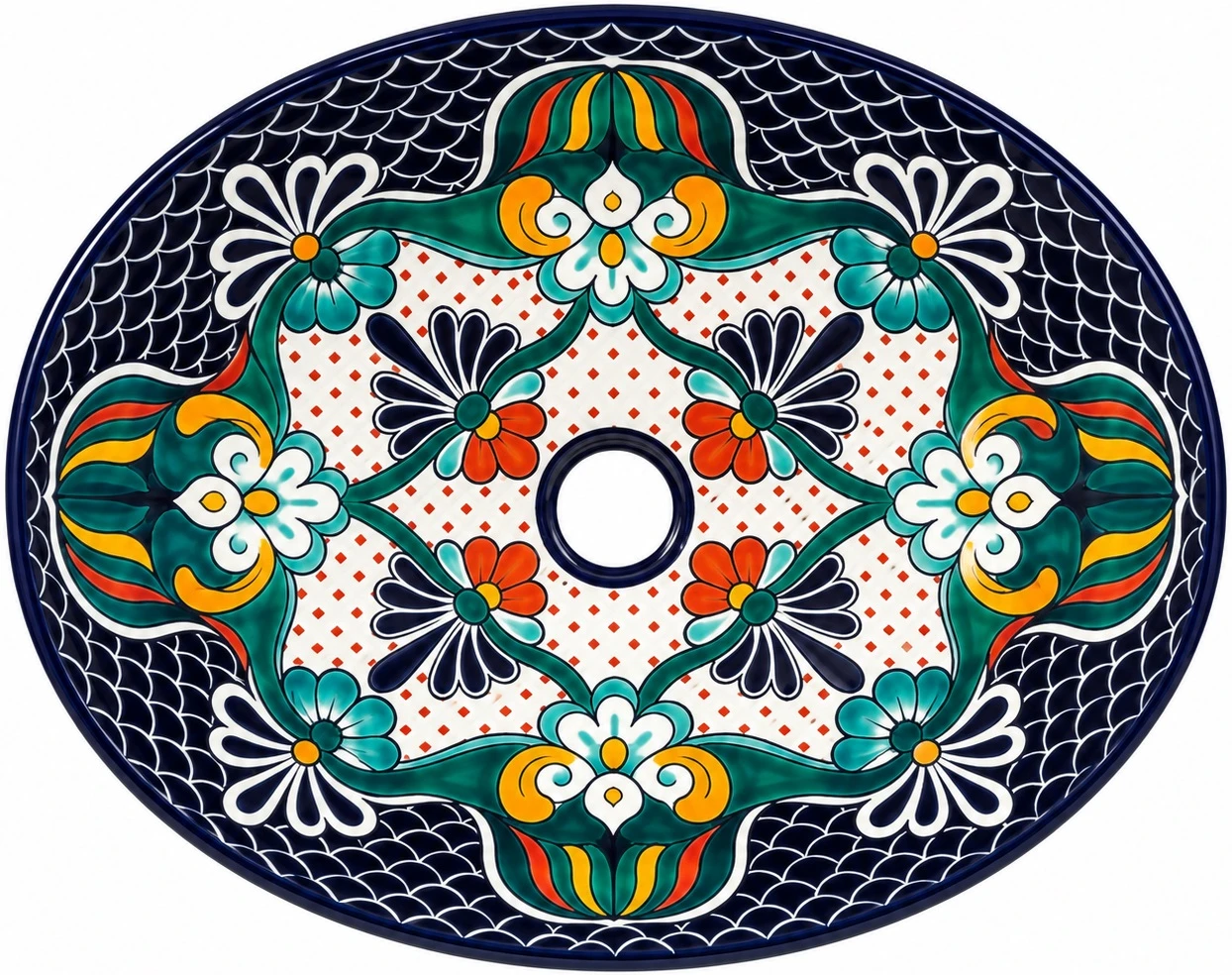 Oval talavera bathroom sink black floral medallion pattern