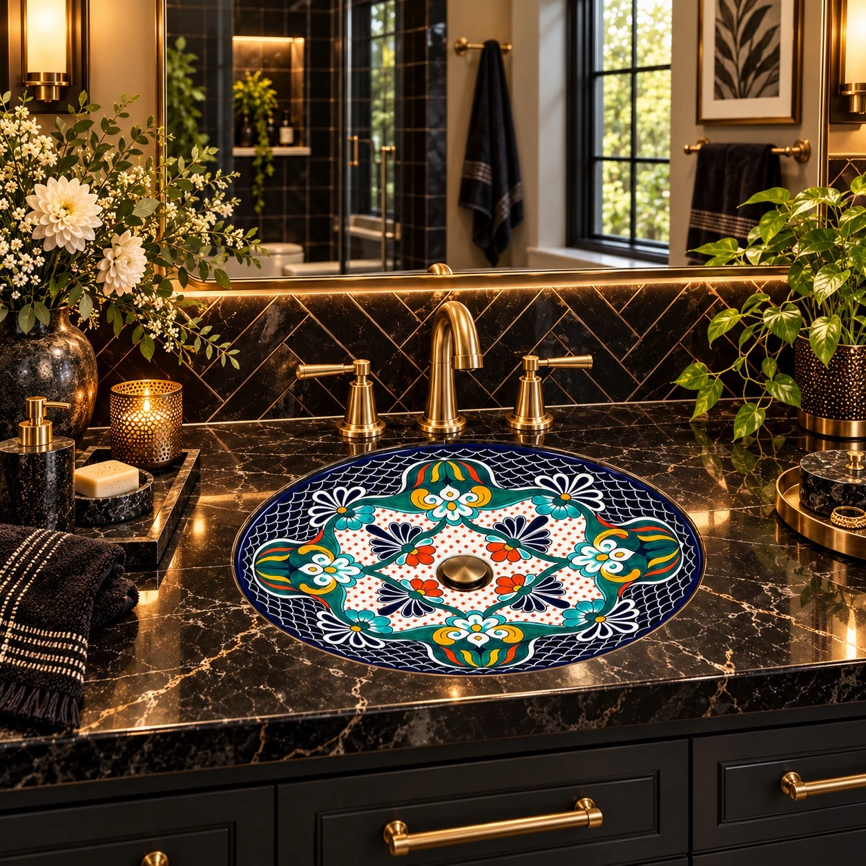 Oval talavera bathroom sink black floral medallion pattern in a black tile bathroom