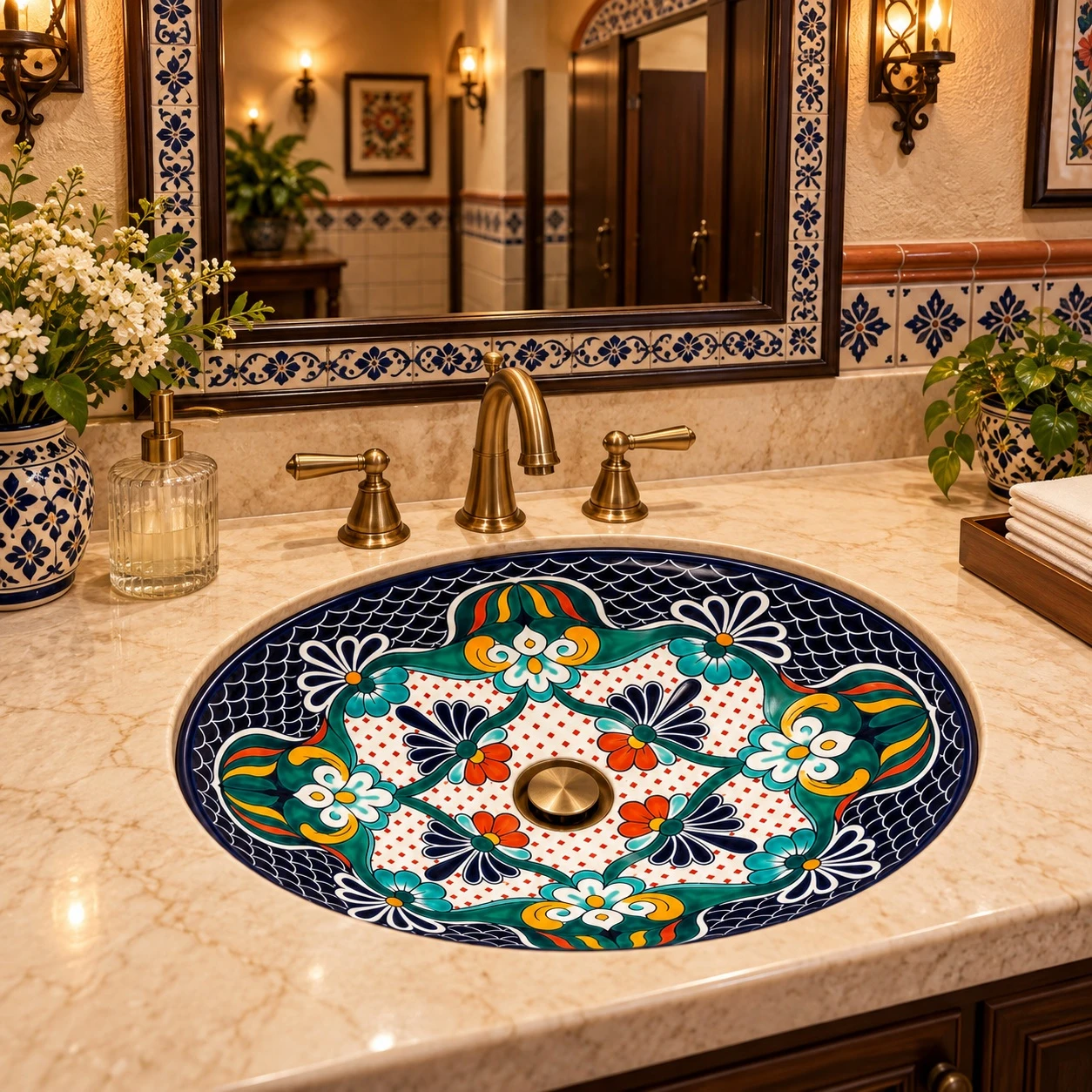 Oval talavera bathroom sink black floral medallion pattern in an elegant restaurant restroom