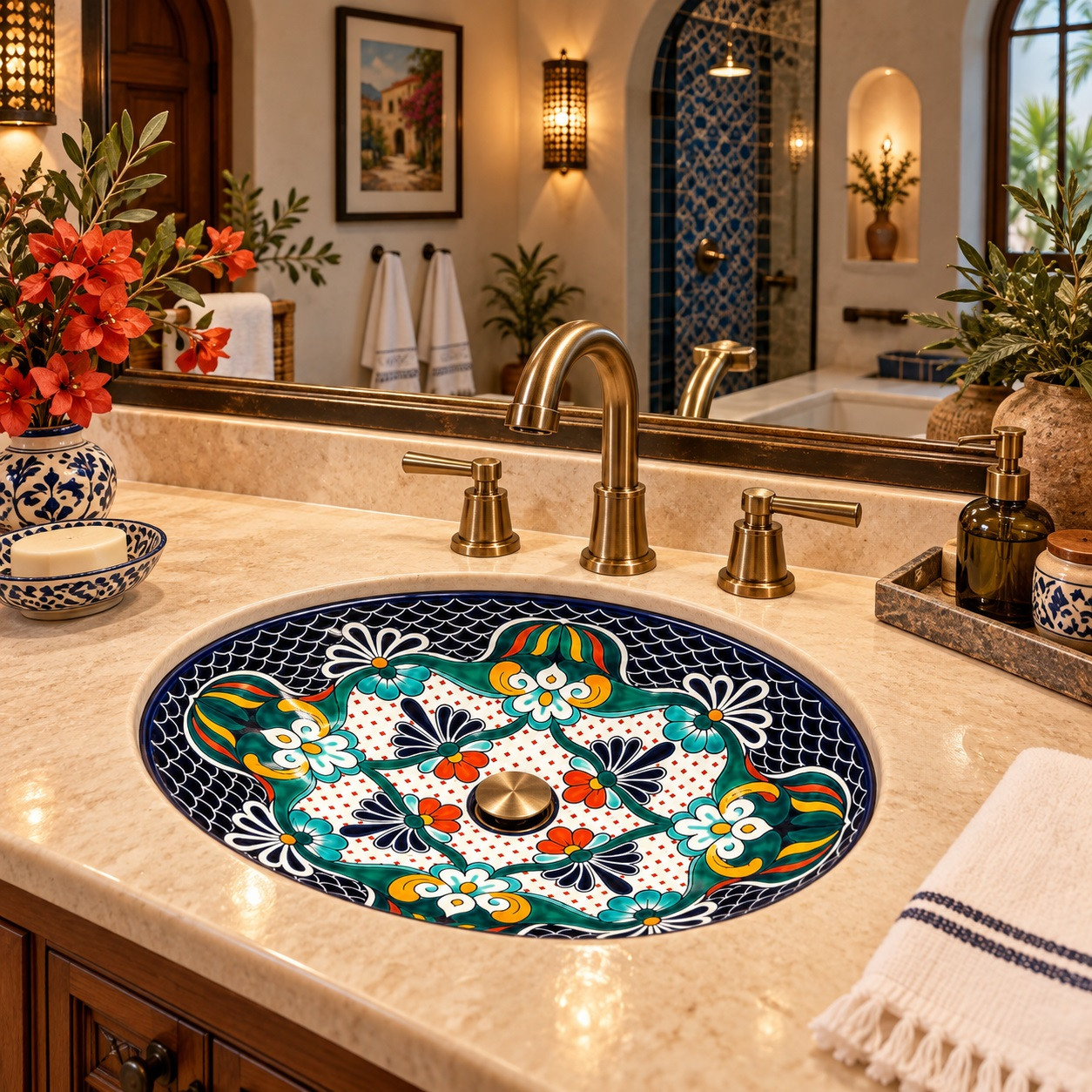 Oval talavera bathroom sink black floral medallion pattern in a boutique hotel bathroom