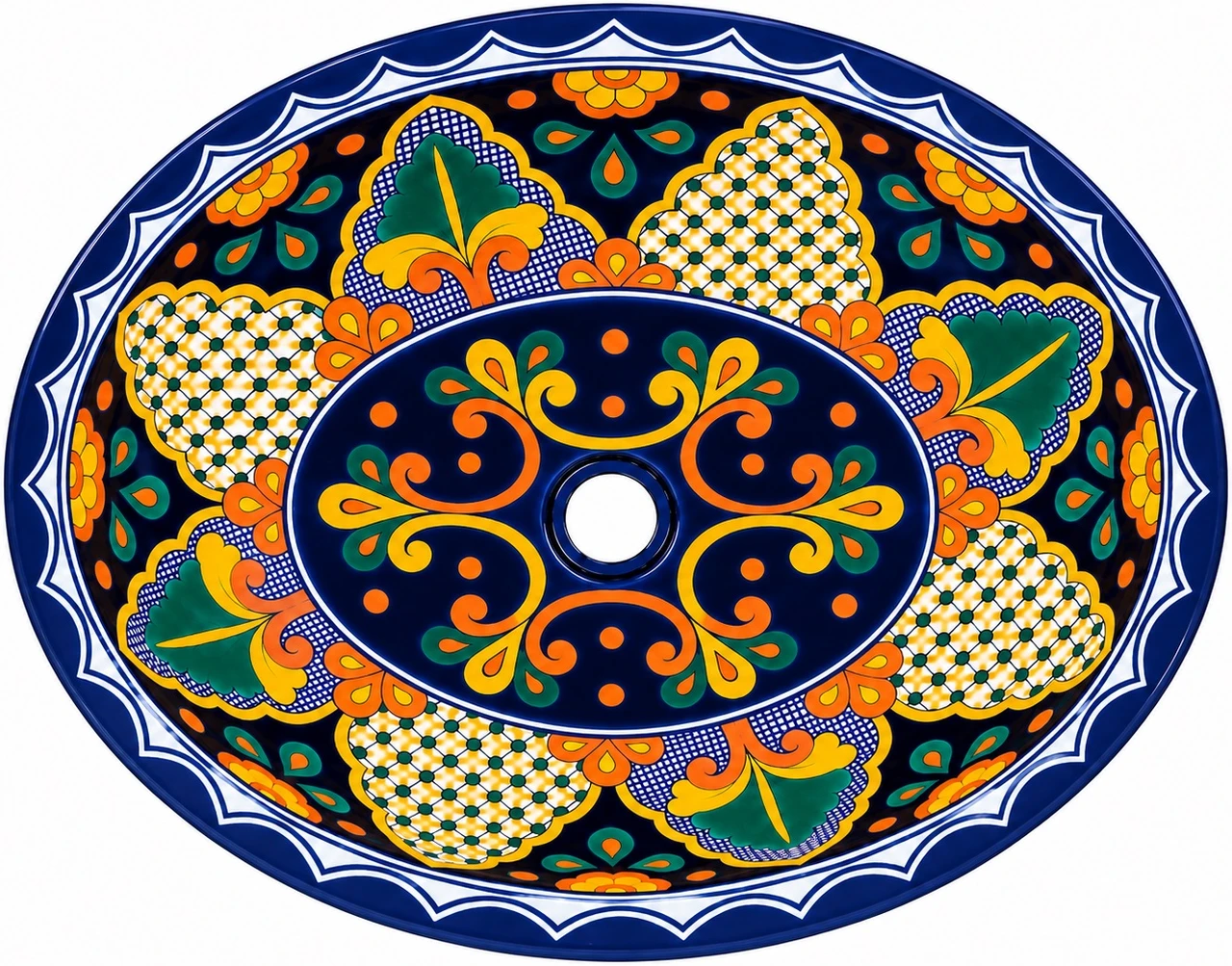 Oval talavera bathroom sink navy yellow floral medallion