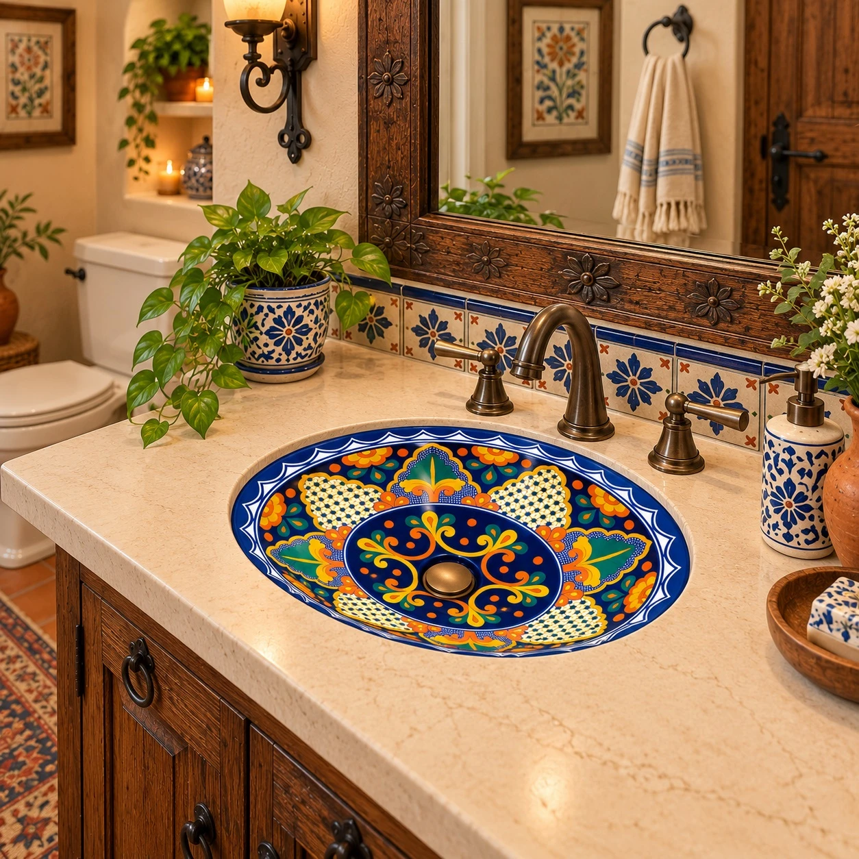 Oval talavera bathroom sink navy yellow floral medallion in rustic guest bathroom.