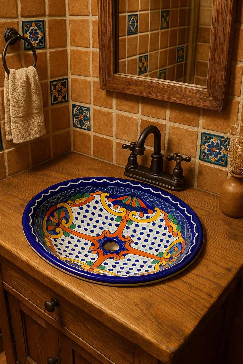Talavera cobalt cross bathroom sink featured inside a rustic bathroom with warm handcrafted decorative accents