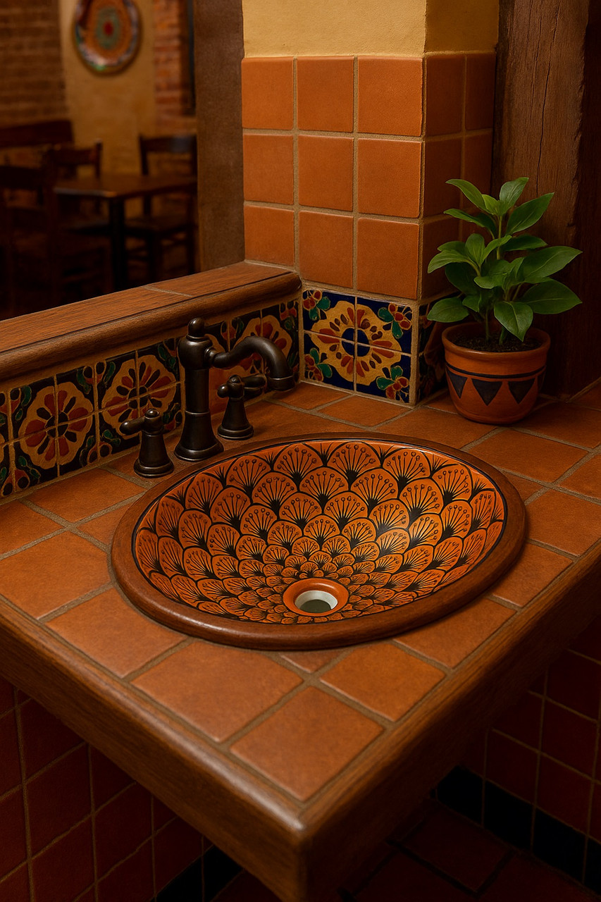 Talavera bathroom sink orange fan installed in a Mexican restaurant with vibrant walls and rustic wood details