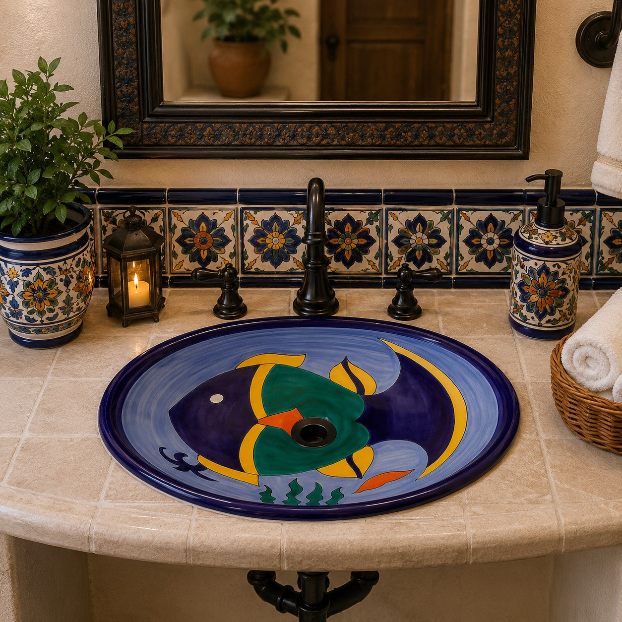 Tropical fish oval talavera bathroom sink in a Mediterranean vanity with artisan tile details.