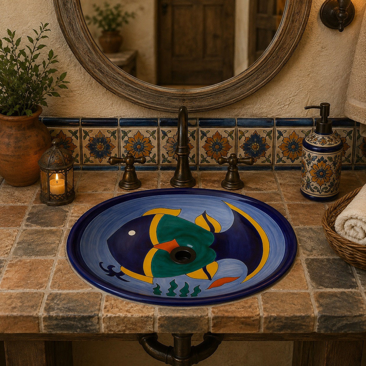 Tropical fish oval talavera bathroom sink in a rustic house bathroom with Talavera details.