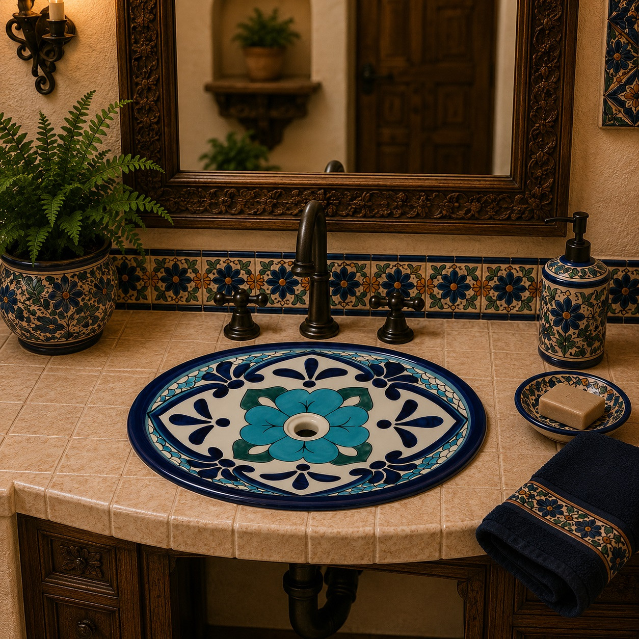 Turquoise medallion talavera bathroom sink featured in a handcrafted bathroom vanity.