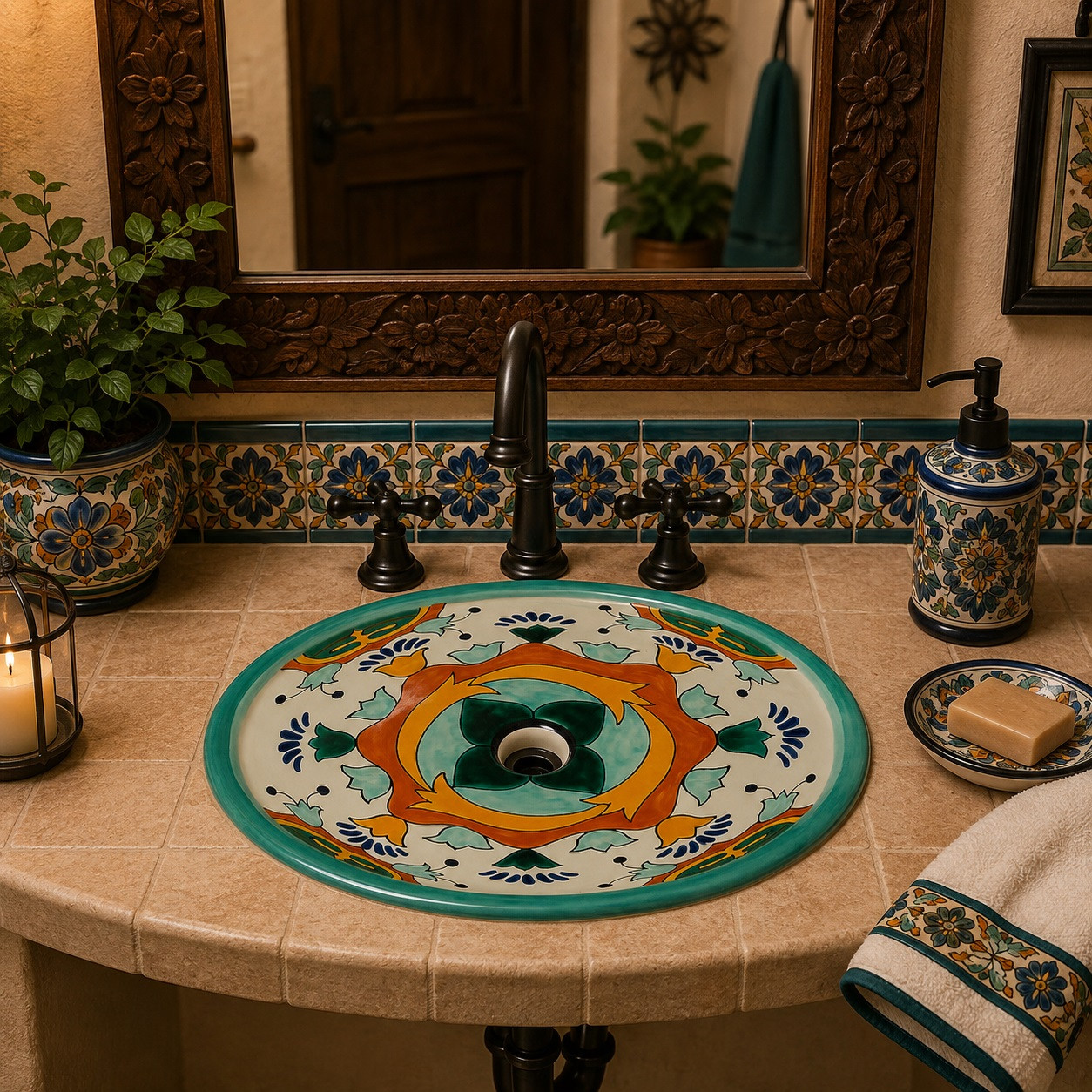 Turquoise floral talavera bathroom sink in a welcoming guest bathroom with warm tile accents.