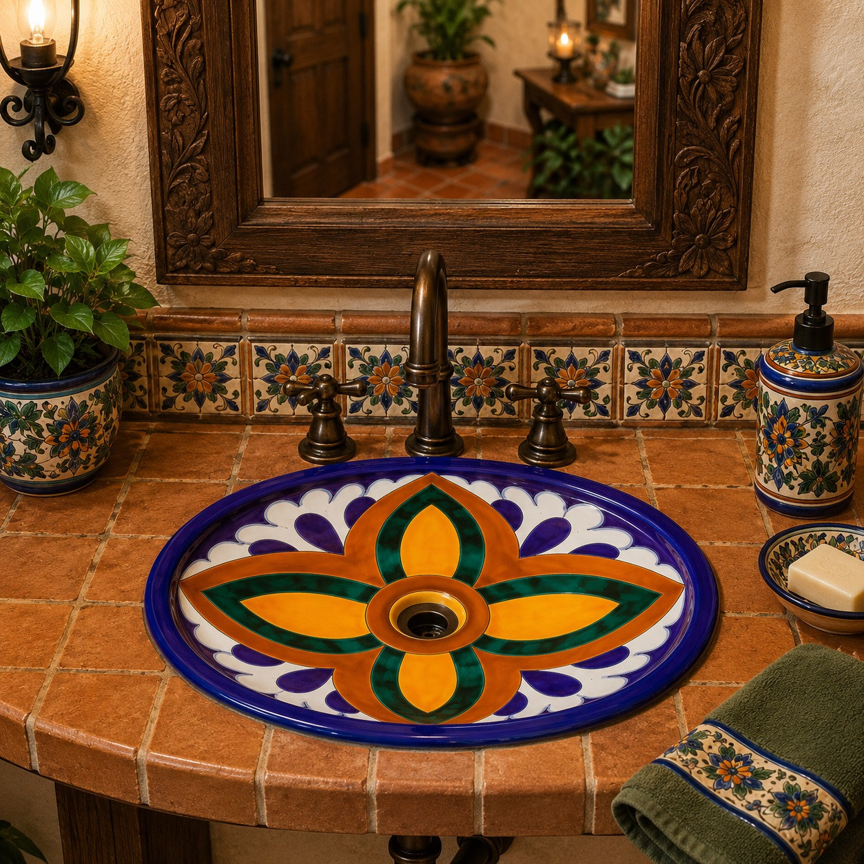 Talavera bathroom sink orange green colonial in a warm vanity with handcrafted tile accents.