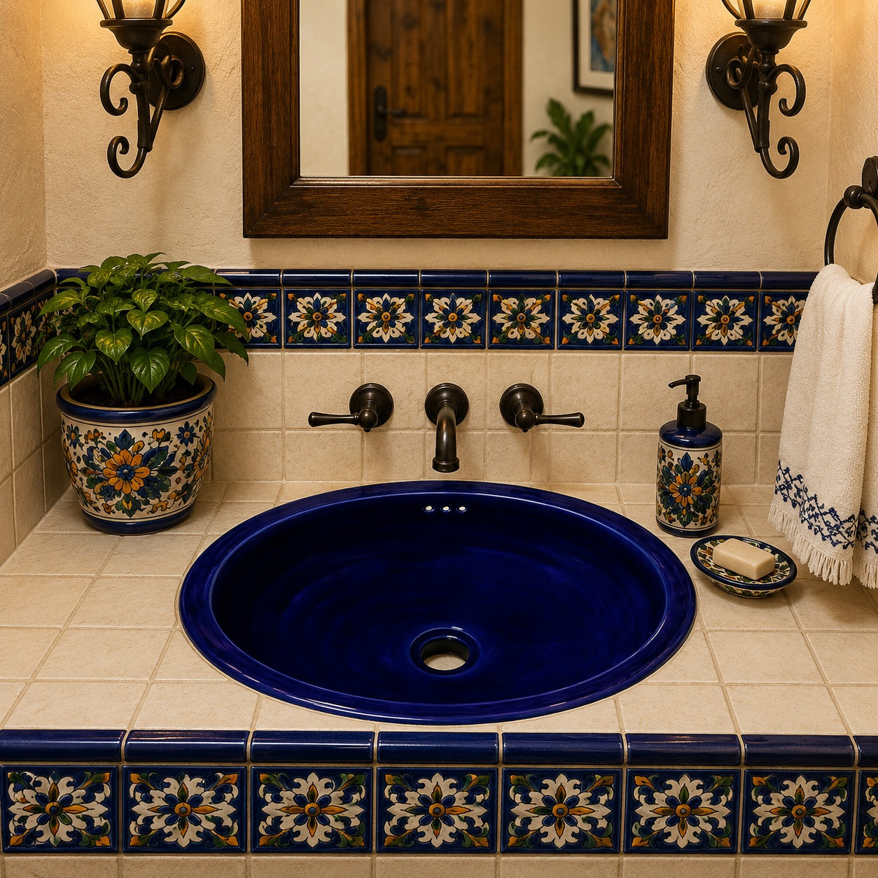 Cobalt blue oval ceramic Mexican sink in a bathroom