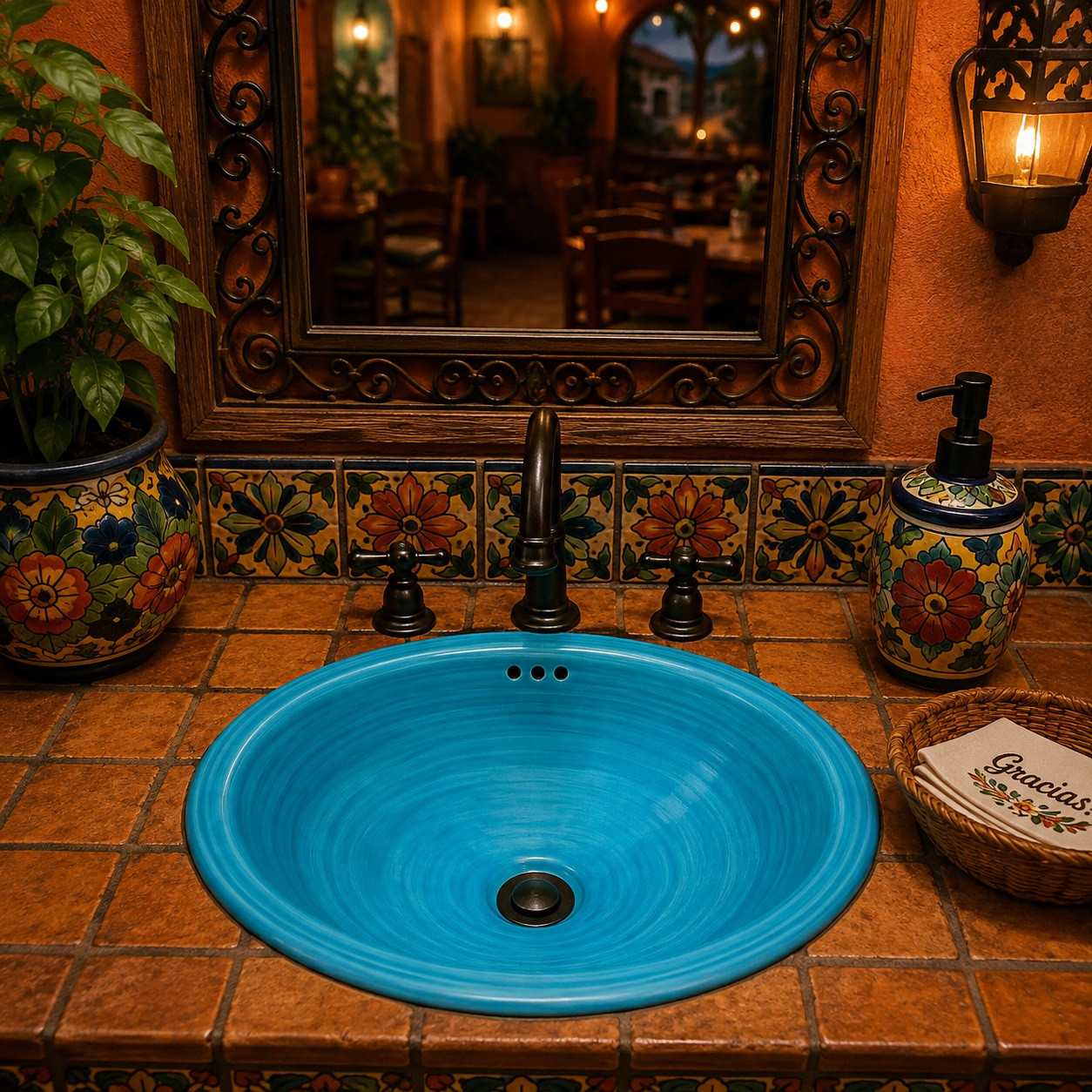 Handcrafted turquoise Mexican bathroom sink featured in a colorful restaurant washroom.