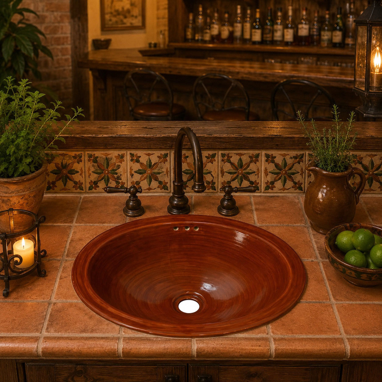 Handcrafted Mexican bathroom sink in terracotta finish installed in a rustic kitchen bar countertop