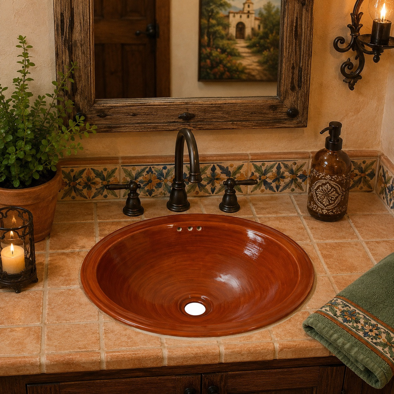 Handcrafted Mexican bathroom sink in terracotta finish adding artisan charm to a guest bathroom