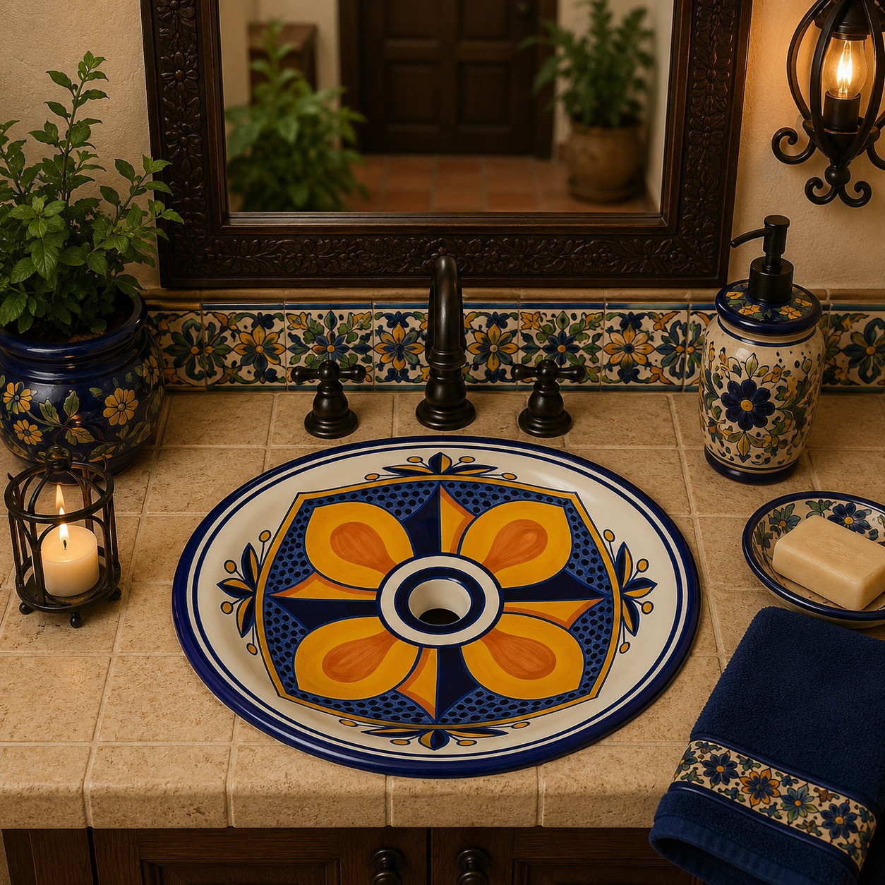 Handcrafted Mexican ceramic sink with cobalt blue artistry featured in a charming guest bathroom vanity.