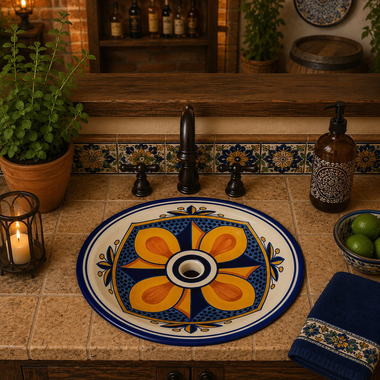 Hand-painted cobalt blue Mexican bathroom sink installed in a rustic kitchen bar with tile countertop.