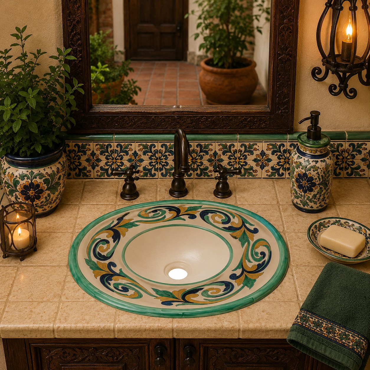 Elegant Mexican bathroom sink with green scrollwork enhancing a Hacienda-style house bathroom.