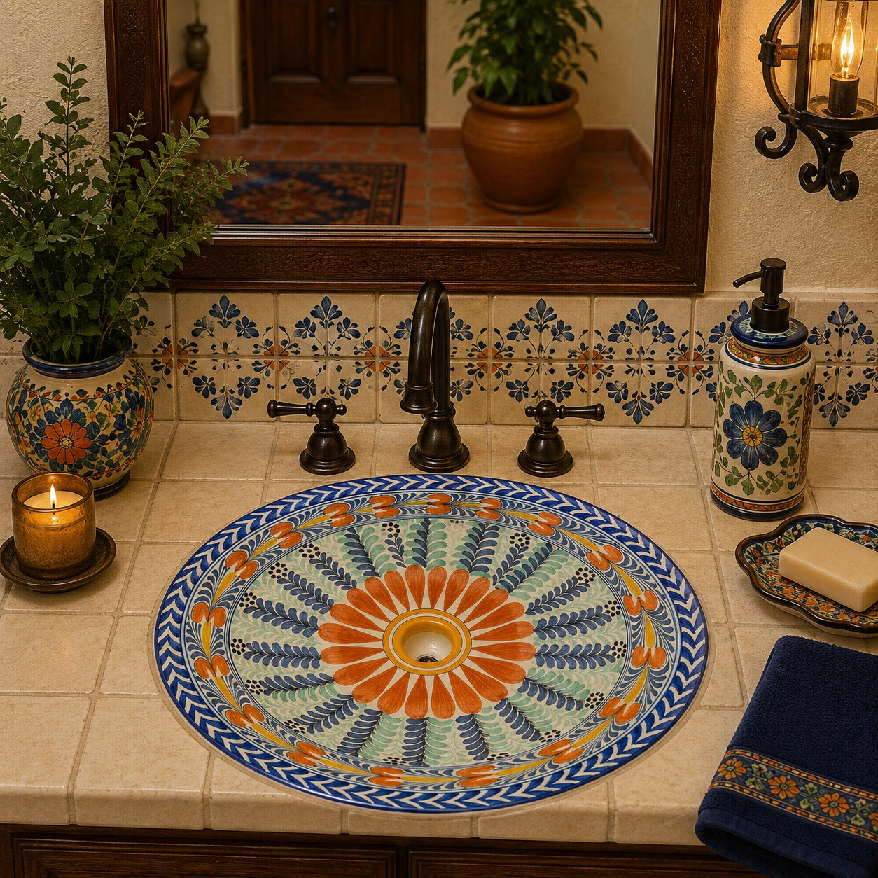 Colorful Mexican bathroom sink with hand painted charm in a Spanish Revival vanity setting.