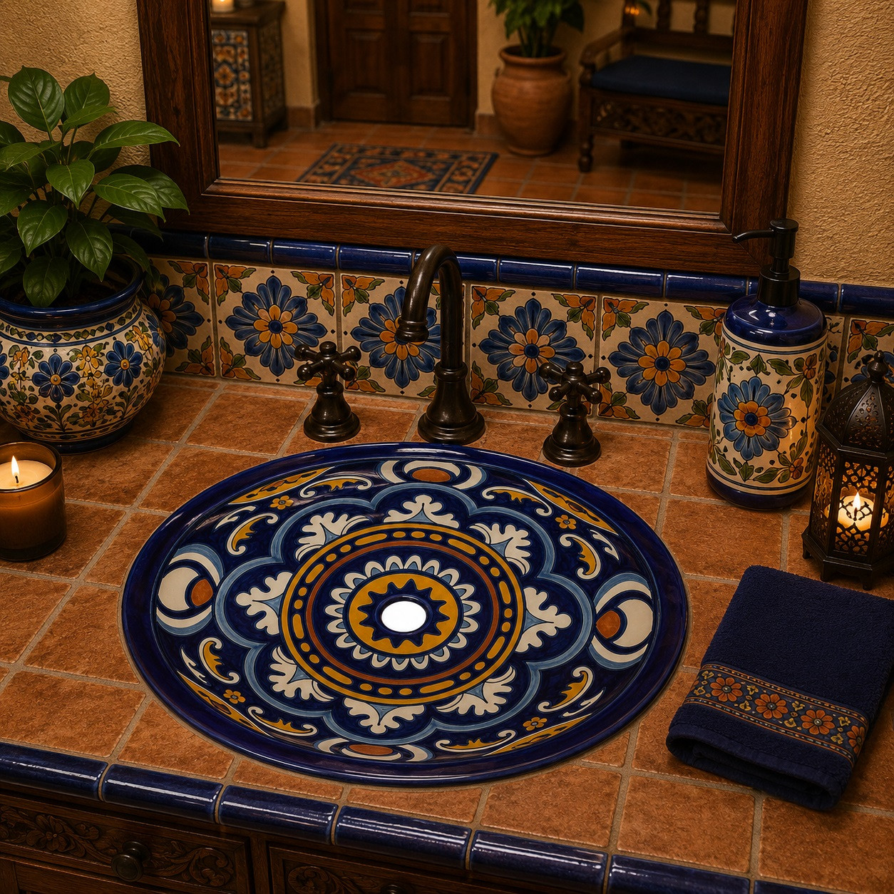 Vibrant Mexican bathroom sink with cobalt artistry in a rustic bathroom vanity with handcrafted tile countertop