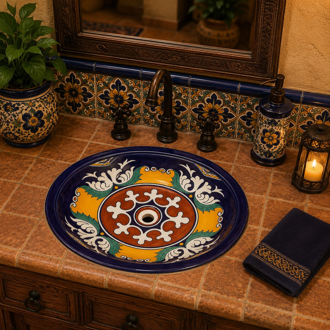 Colorful Mexican bathroom sink with handcrafted elegance in a rustic bathroom vanity with handcrafted talavera tile countertop