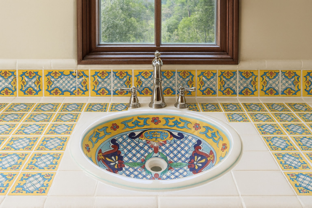 Mexican bathroom sink with colorful artisan patterns installed as drop-in to the countertop with talavera tiles