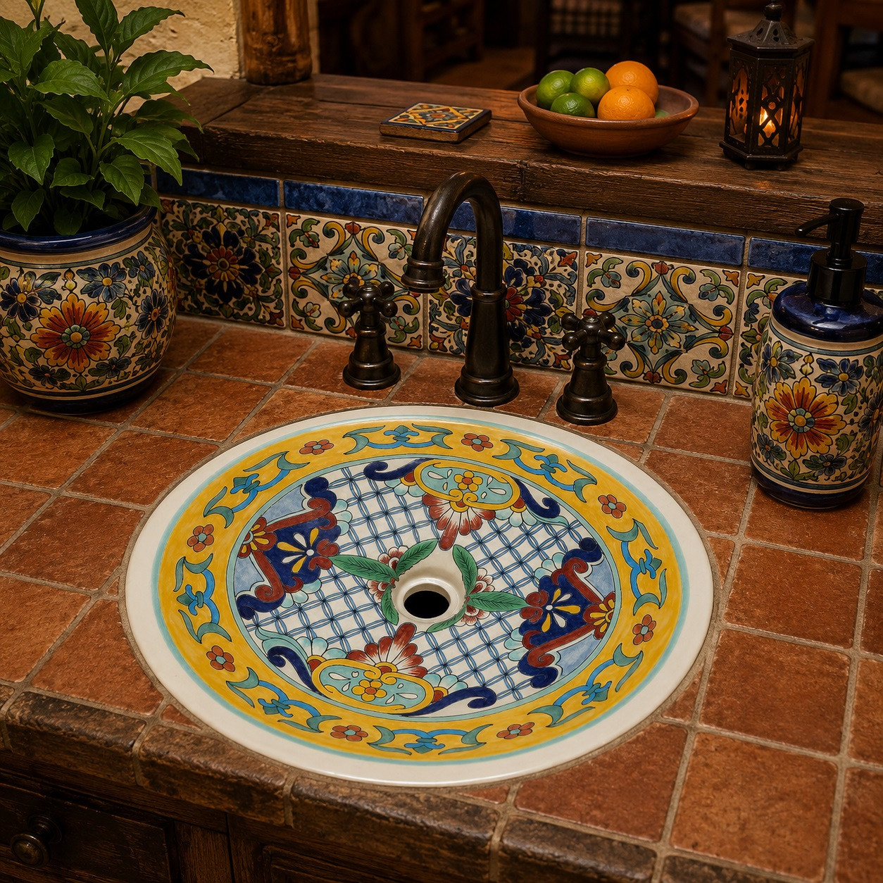 Mexican bathroom sink with colorful artisan patterns featured in a rustic kitchen bar with artisan ceramic tile countertop