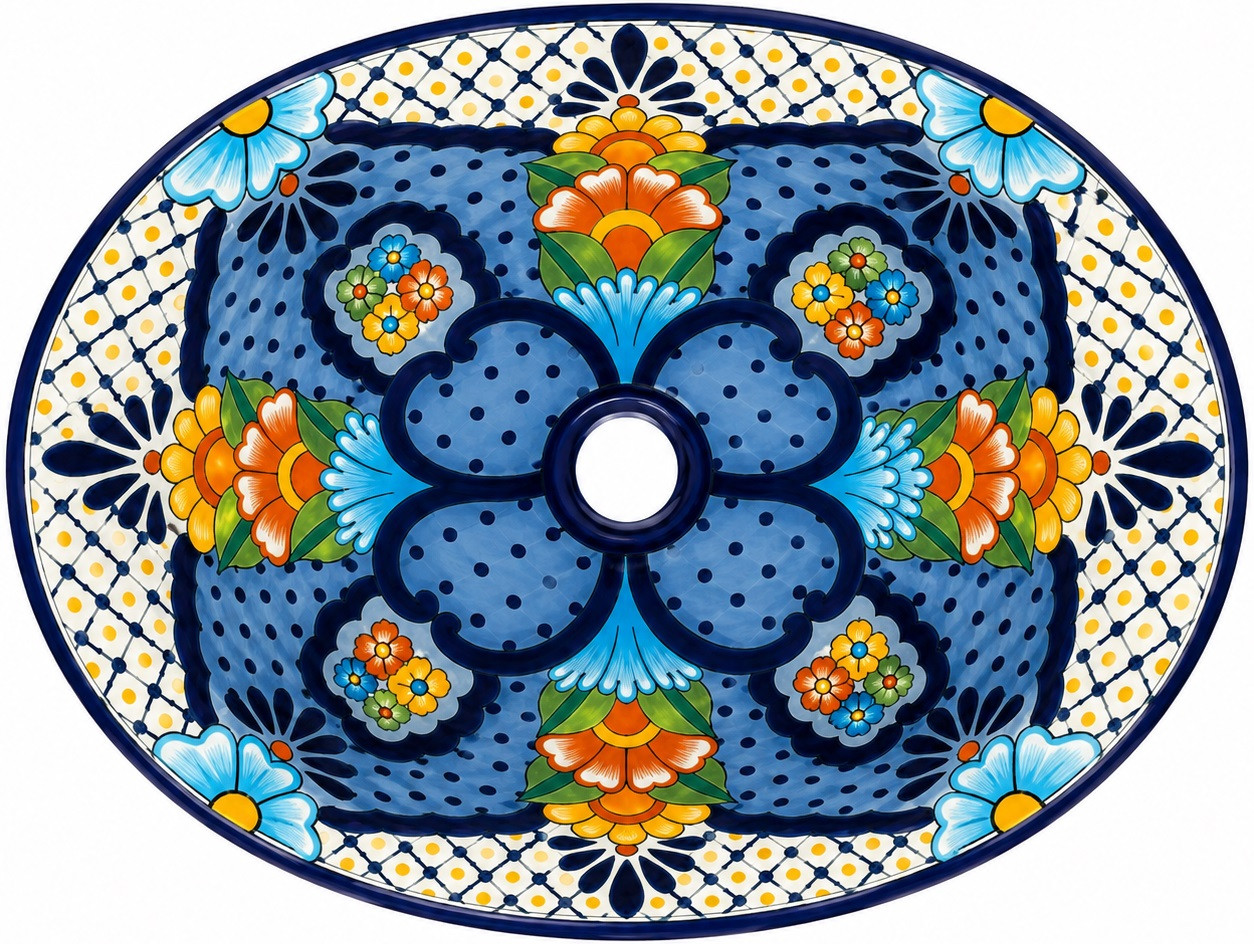 Mexican bathroom sink with colorful petal pattern