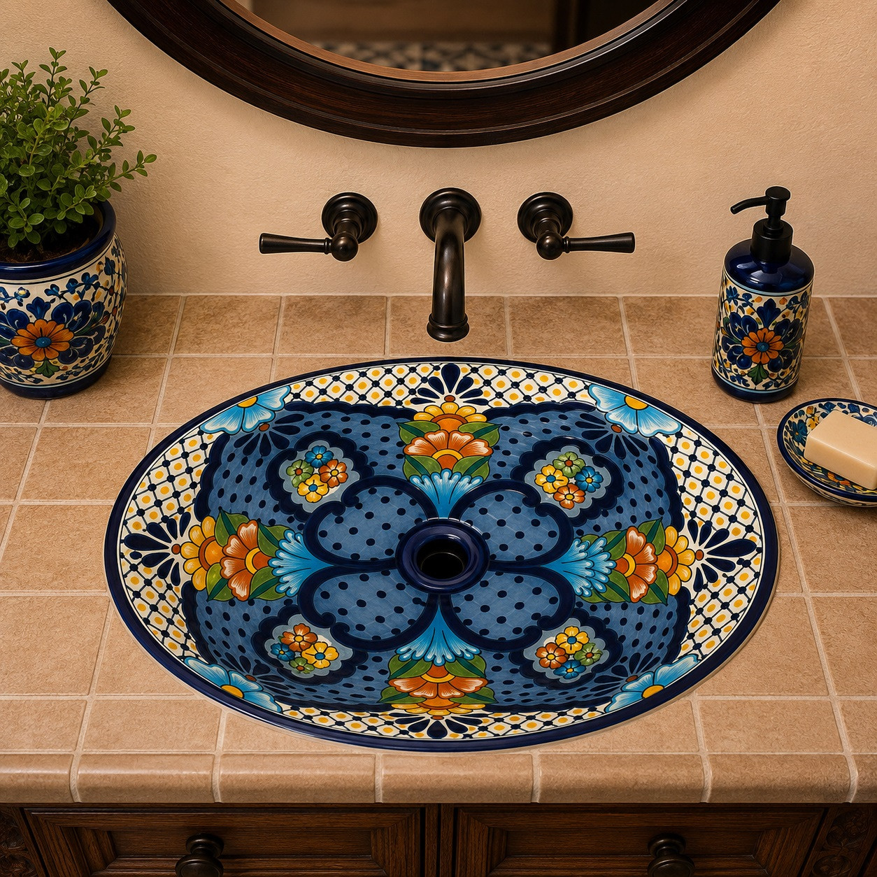 Mexican bathroom sink with colorful petal pattern bathroom wall
