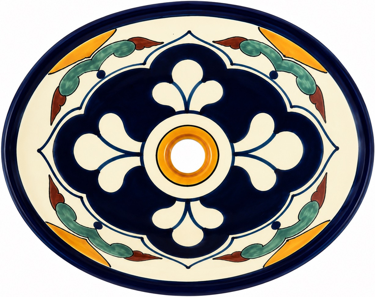 Talavera sink with a hand painted blue medallion design