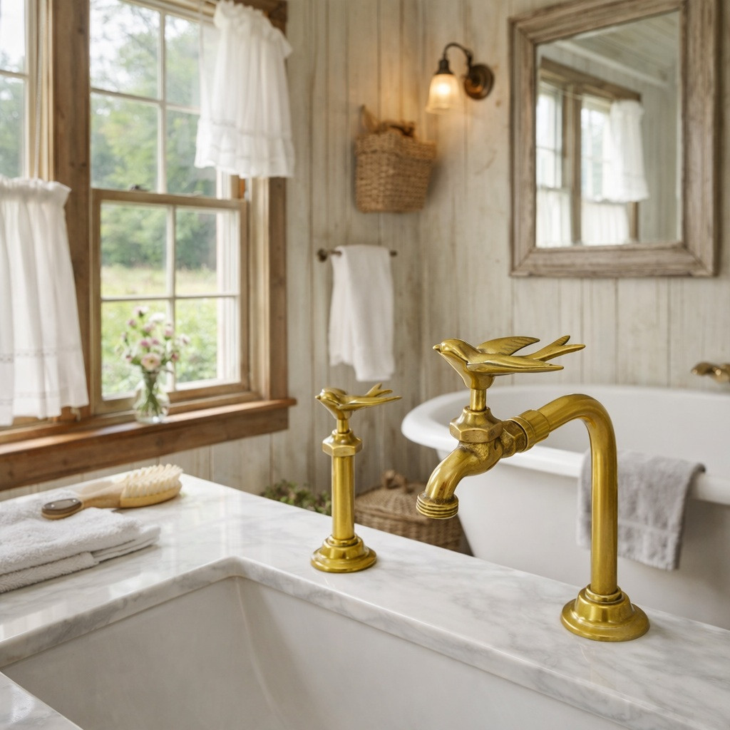 Brass bird handle faucets with sculptural handles in a farmhouse bathroom, warm metal finish on vanity with ceramic sink and window light