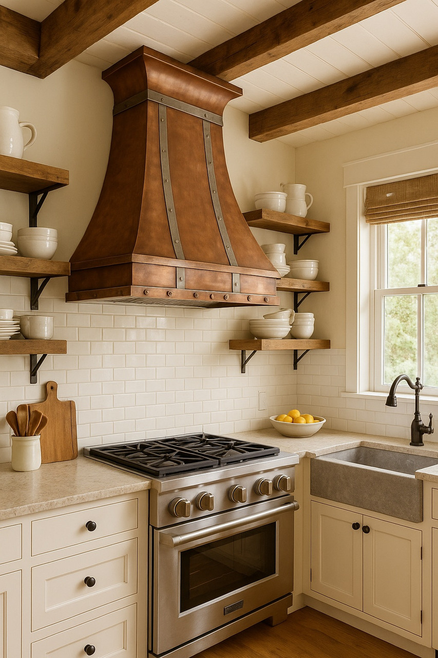 Copper range hood decorated with zinc straps and rivets in farmhouse kitchen, warm hammered canopy above shiplap walls and rustic wood accents