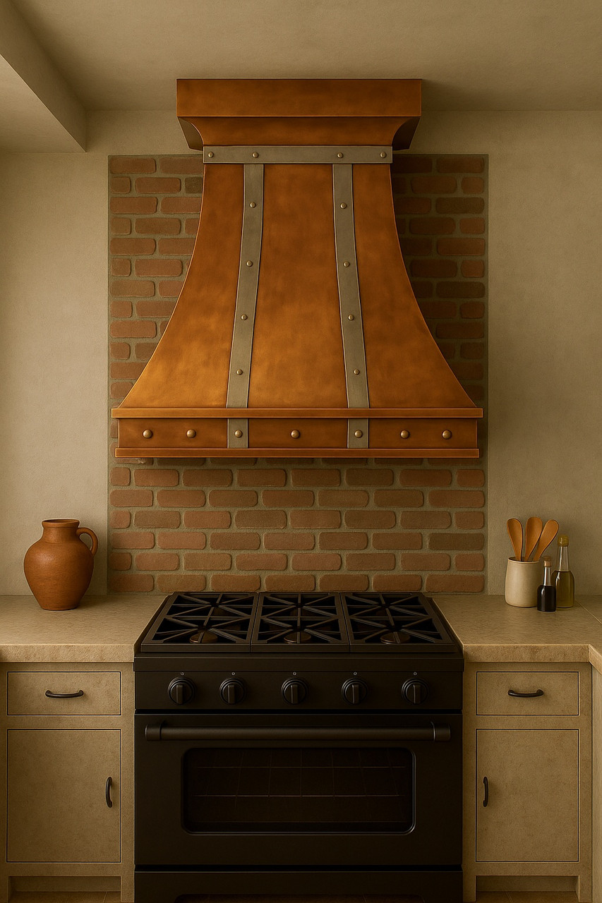 Copper range hood decorated with zinc straps and rivets in rustic kitchen, hammered copper canopy above stone backsplash and exposed timber beams