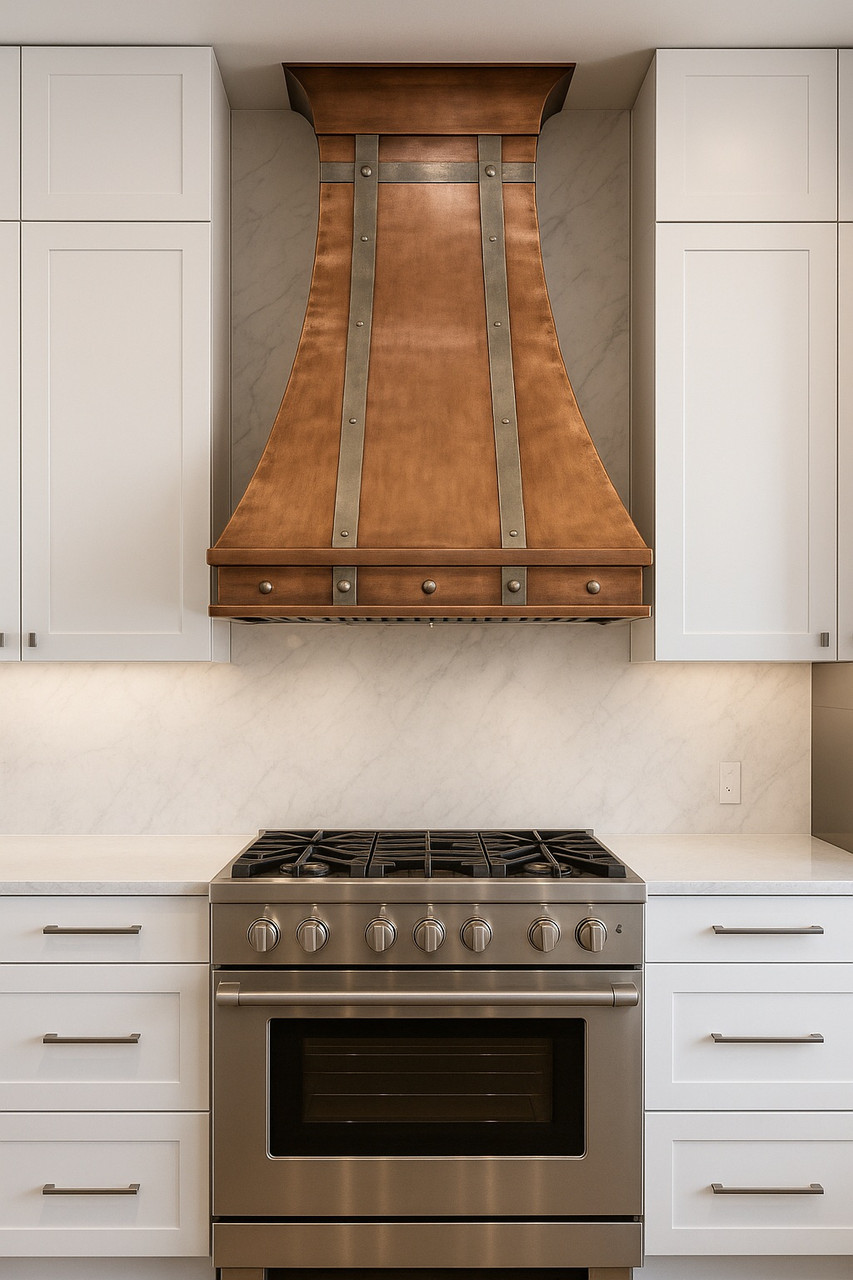 Copper range hood decorated with zinc straps and rivets in modern kitchen, warm copper focal point contrasting white cabinetry and minimalist surfaces