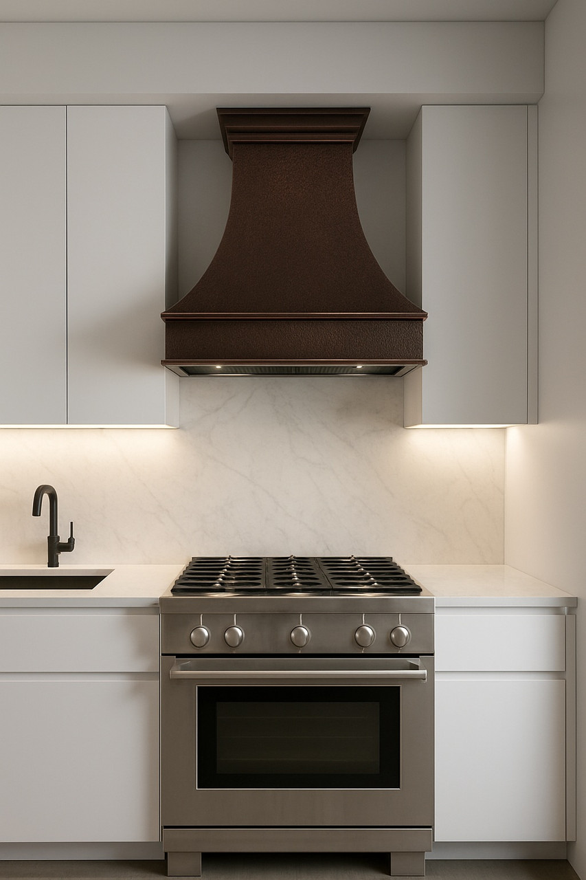 Country copper range hood in modern kitchen with warm hammered finish and bell shaped profile