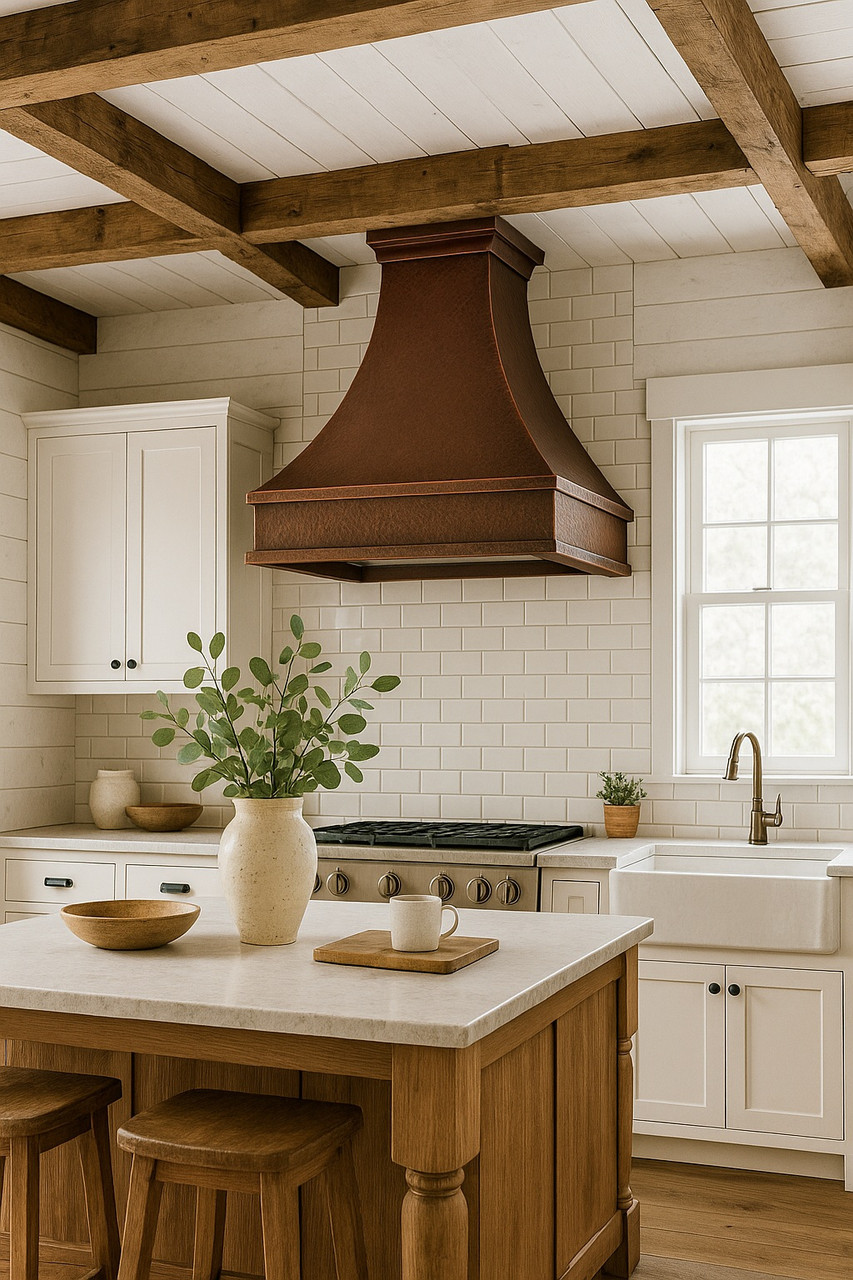 Bell country copper range hood in farmhouse kitchen with riveted straps and warm hammered copper finish