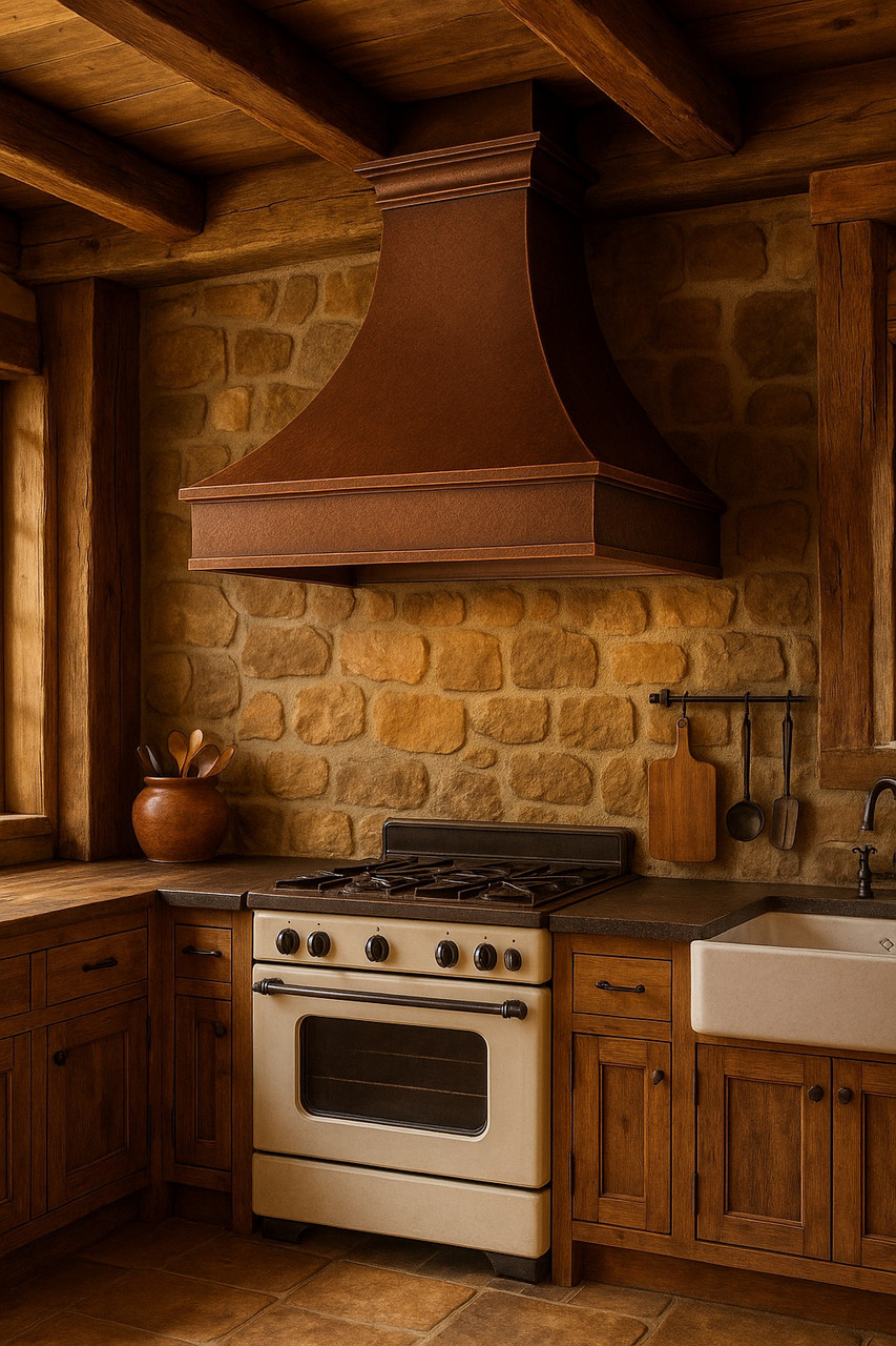 Country copper range hood in rustic kitchen with hammered copper surface and warm artisan patina
